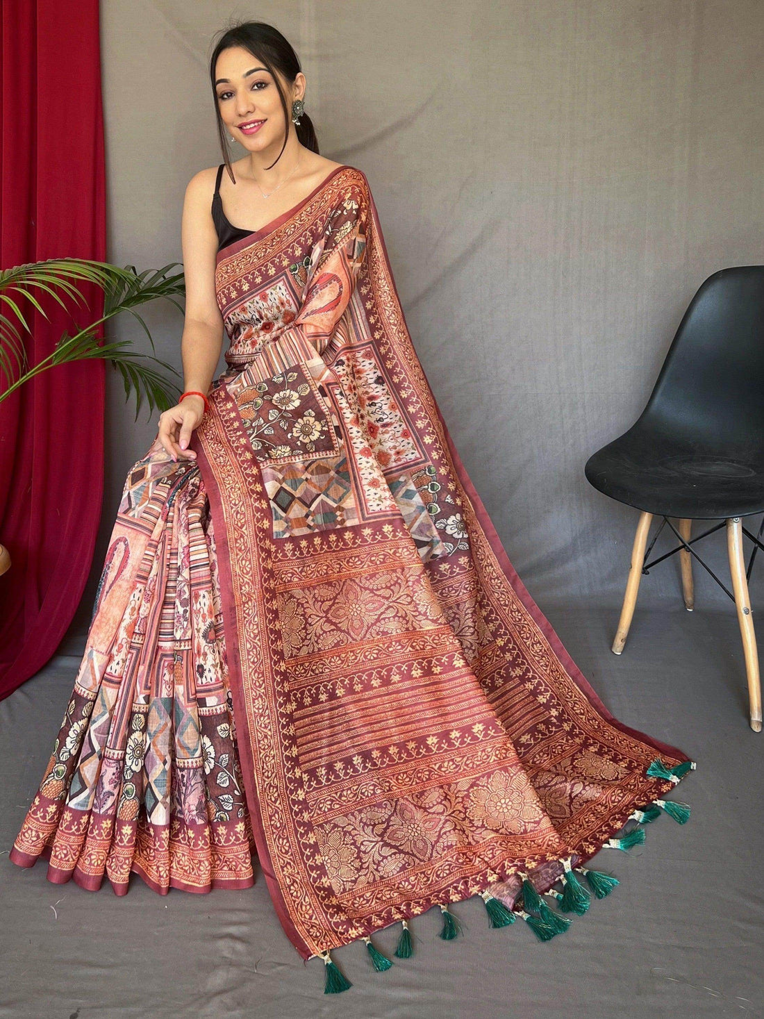 Alluring Light Brown Digital Printed Cotton Saree With Blouse - Zeel Clothing