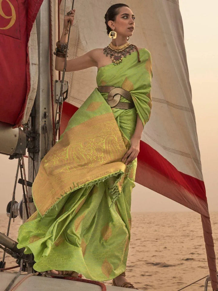 Alluring Light Green Woven Satin Silk Wedding Wear Saree With Blouse