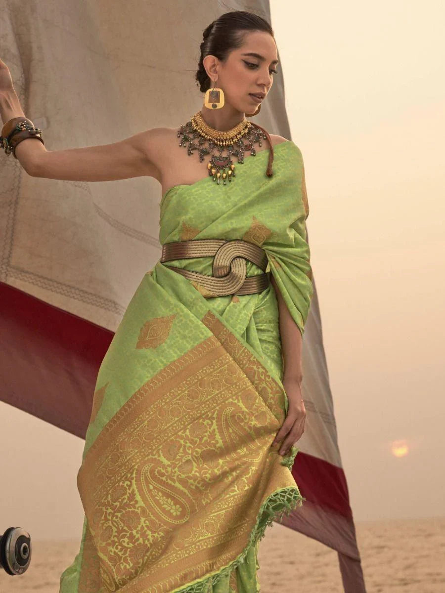 Alluring Light Green Woven Satin Silk Wedding Wear Saree With Blouse