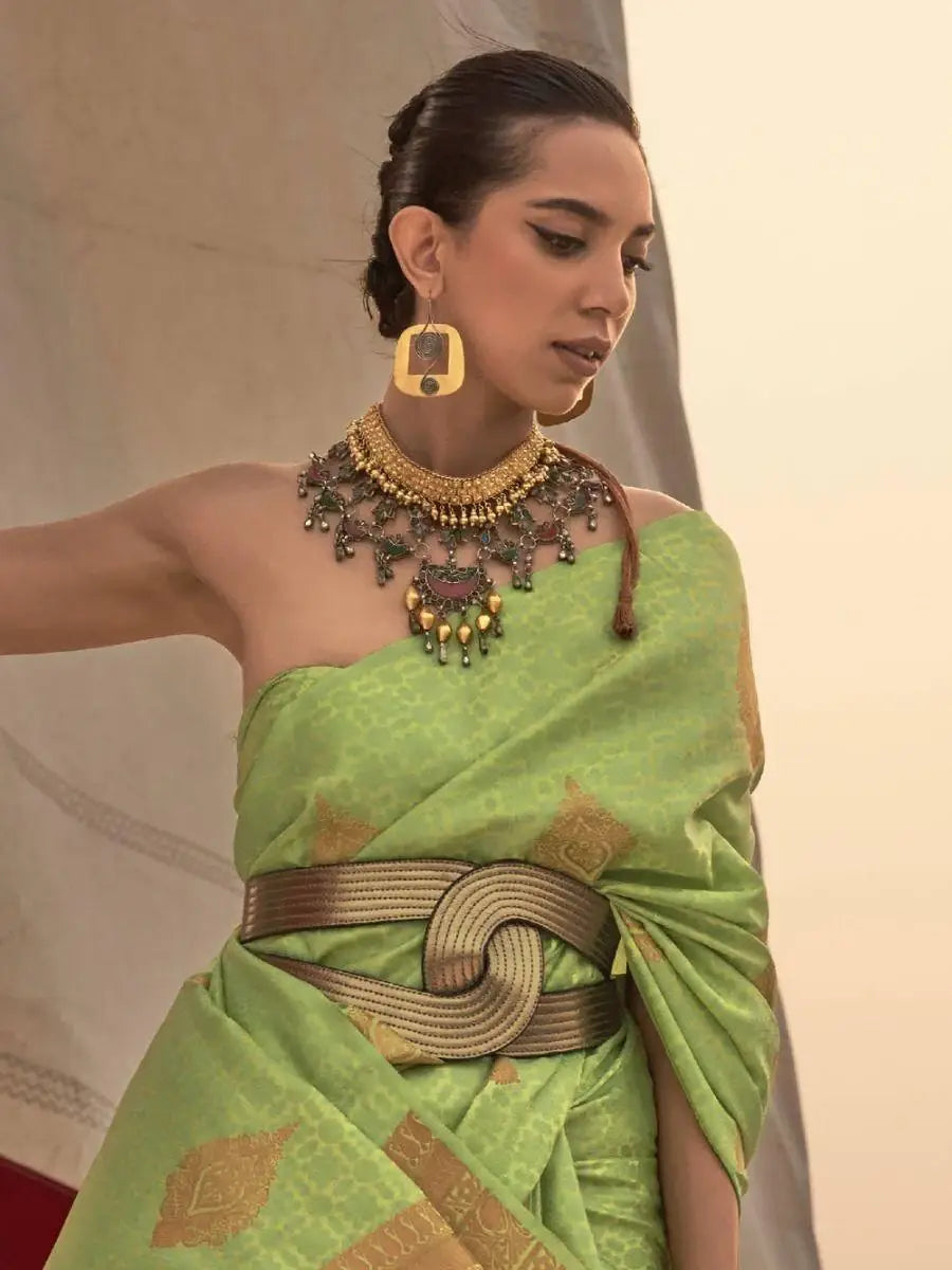 Alluring Light Green Woven Satin Silk Wedding Wear Saree With Blouse - Zeel Clothing