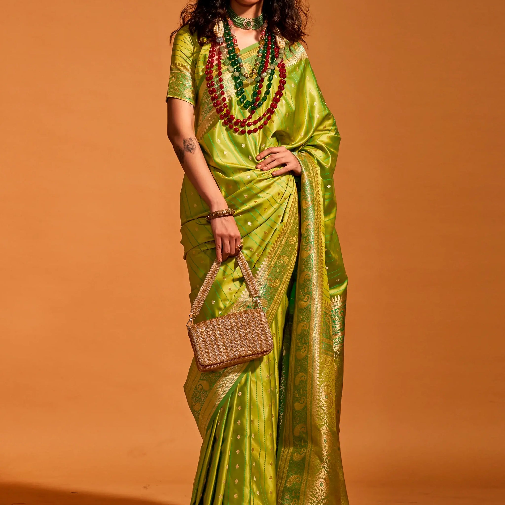 Alluring Light Green Zari Weaving Satin Festive Wear Saree With Blouse - Zeel Clothing