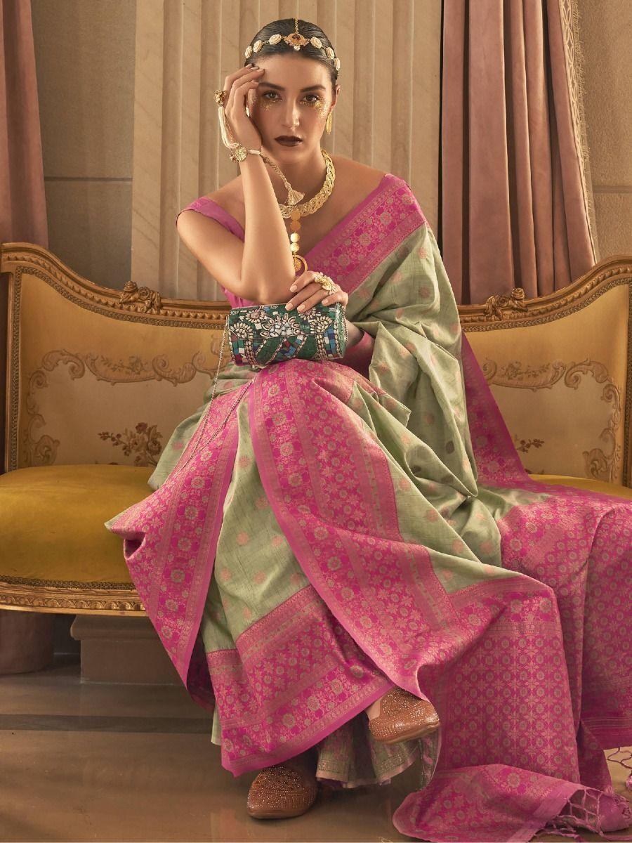 Alluring Light Green Zari Woven Silk Festival Wear Saree With Blouse