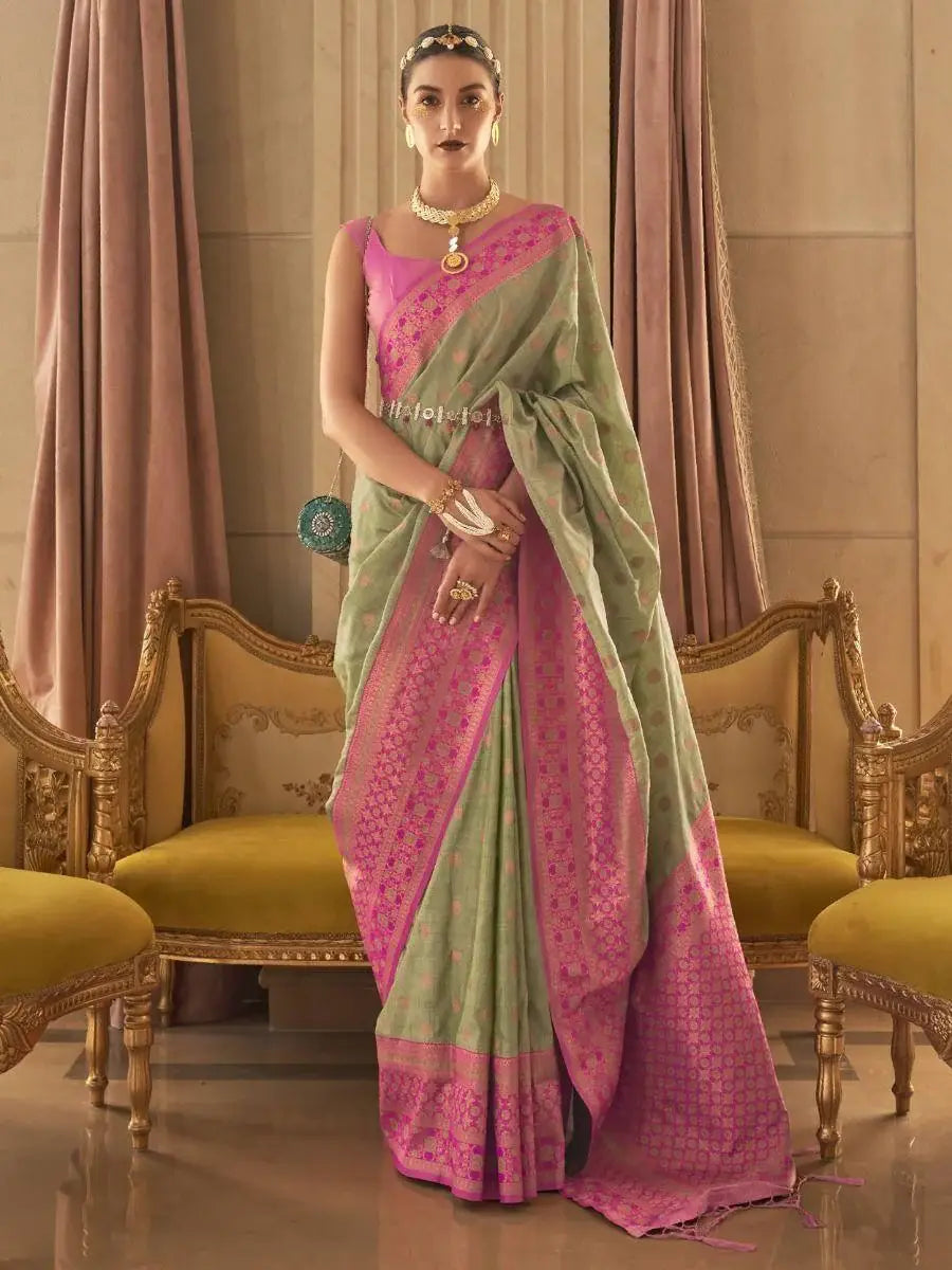 Alluring Light Green Zari Woven Silk Festival Wear Saree With Blouse - Zeel Clothing