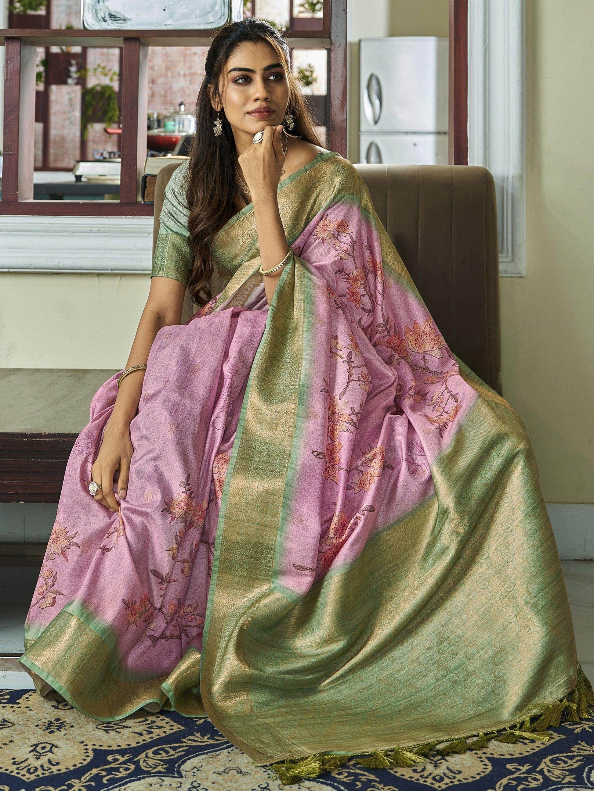 Alluring Light Pink Floral Printed Silk Events Wear Saree With Blouse - Zeel Clothing