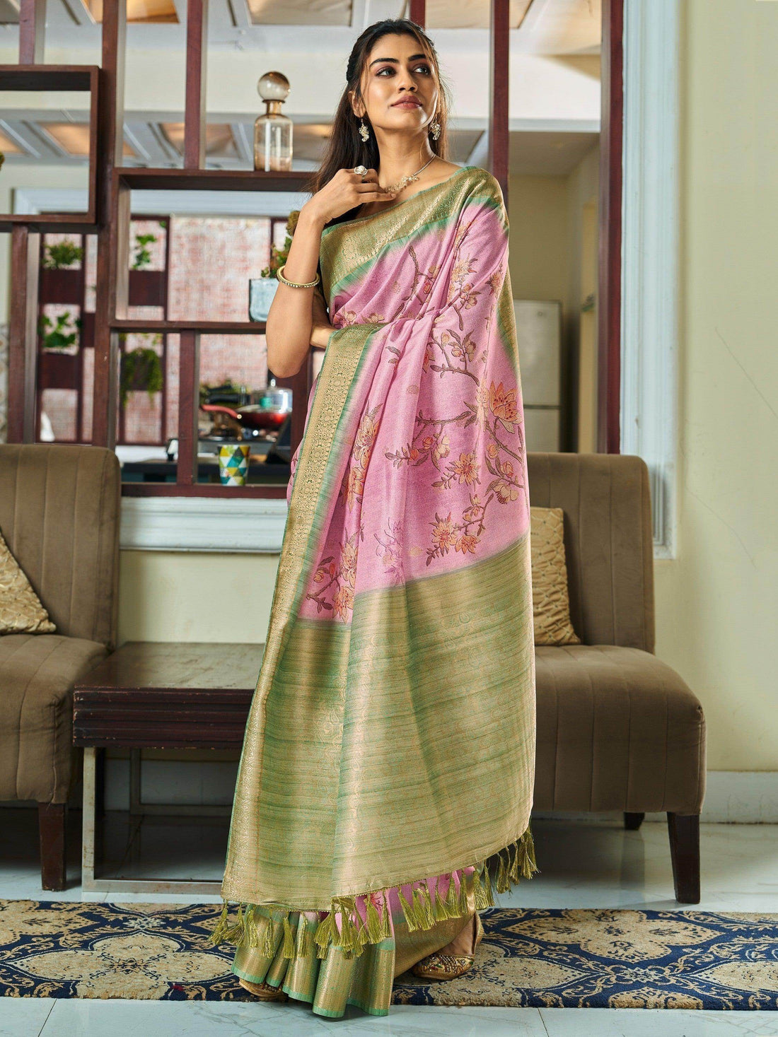 Alluring Light Pink Floral Printed Silk Events Wear Saree With Blouse - Zeel Clothing