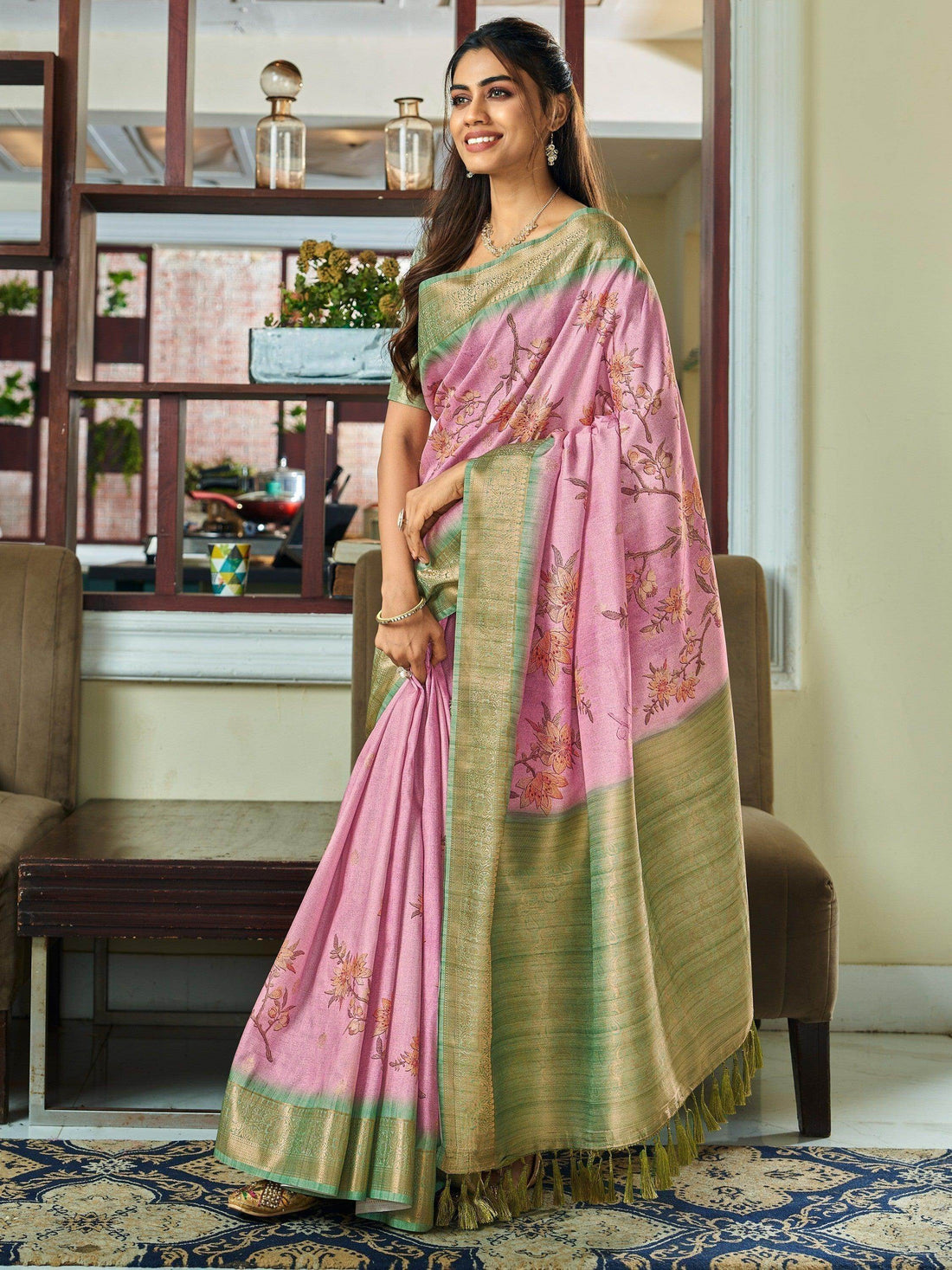 Alluring Light Pink Floral Printed Silk Events Wear Saree With Blouse - Zeel Clothing