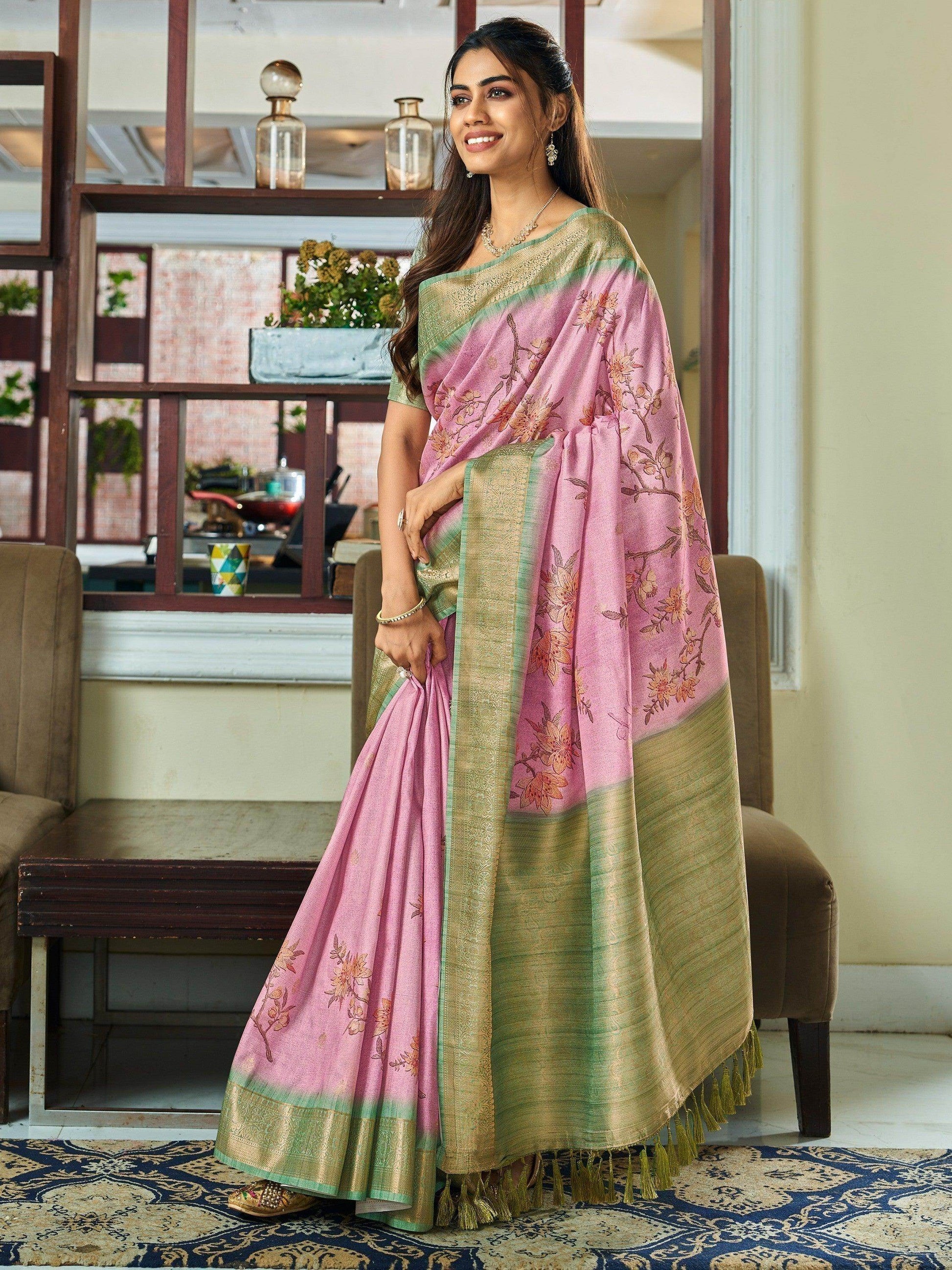 Alluring Light Pink Floral Printed Silk Events Wear Saree With Blouse - Zeel Clothing