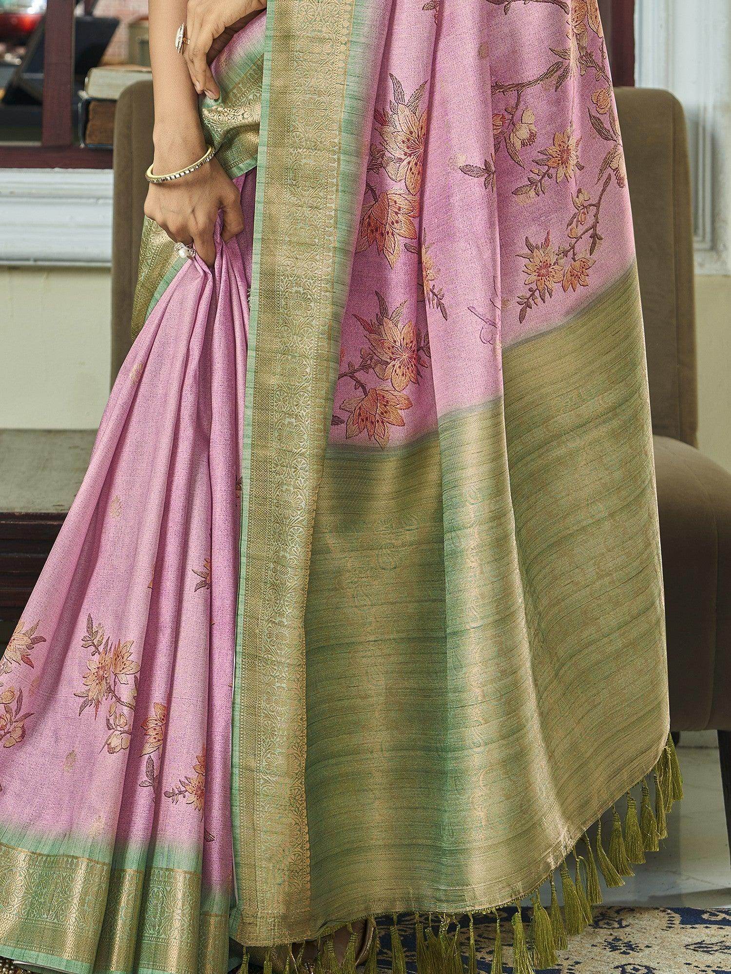 Alluring Light Pink Floral Printed Silk Events Wear Saree With Blouse - Zeel Clothing