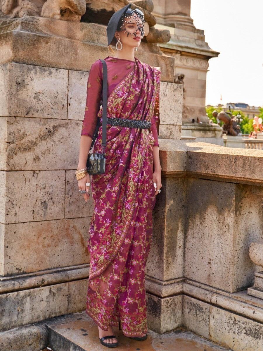 Alluring Magenta Floral Woven Organza Festive Wear Saree With Blouse