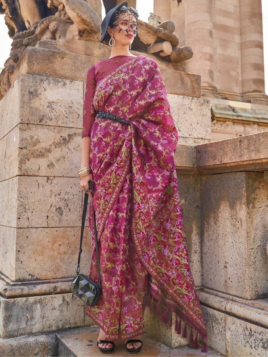 Alluring Magenta Floral Woven Organza Festive Wear Saree With Blouse - Zeel Clothing
