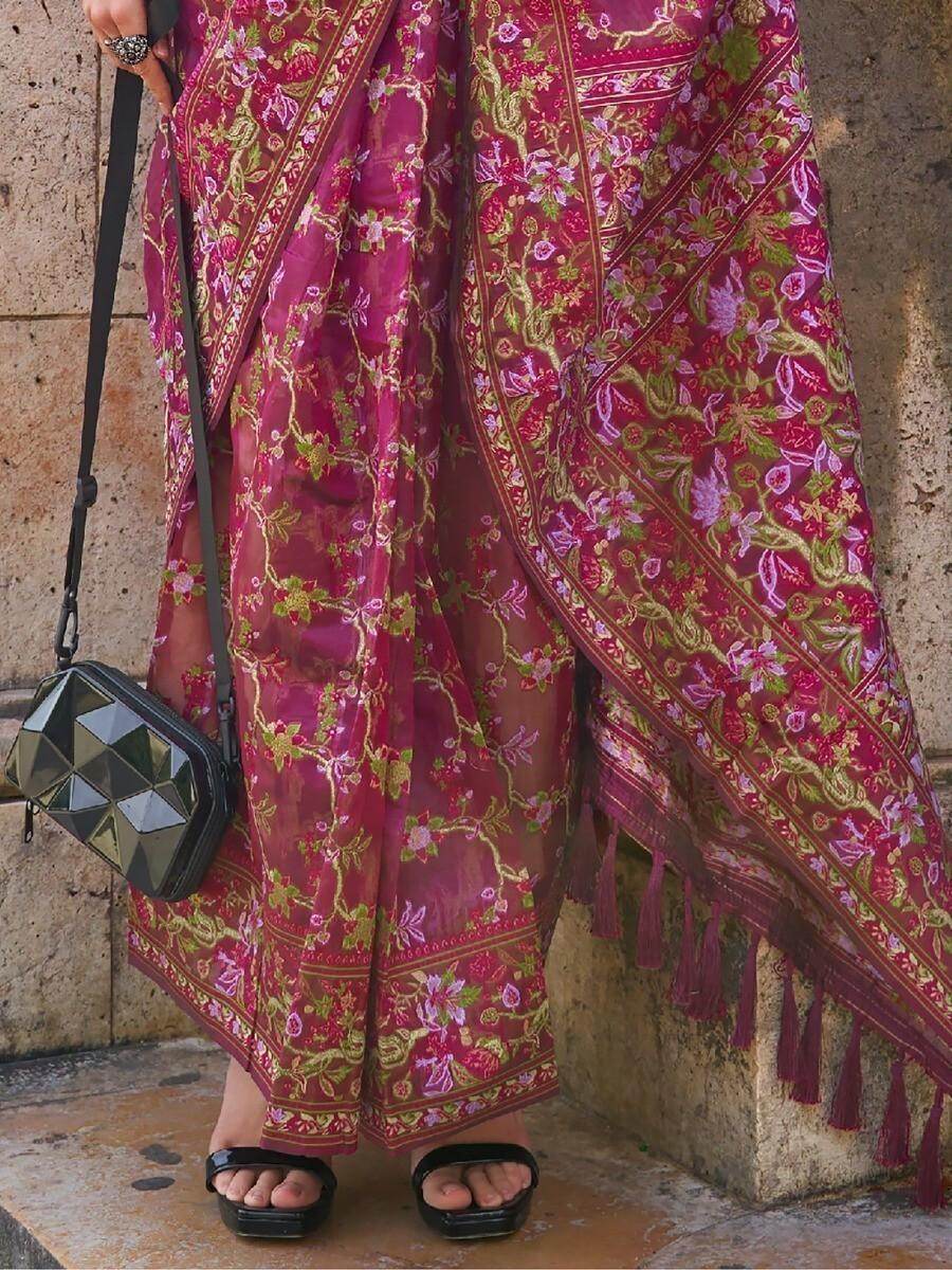 Alluring Magenta Floral Woven Organza Festive Wear Saree With Blouse - Zeel Clothing
