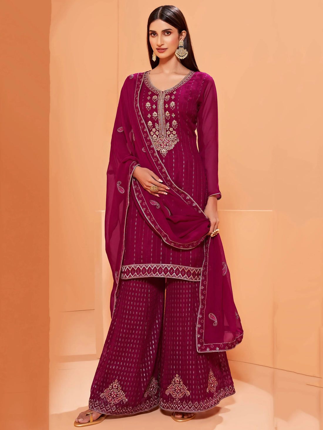 Alluring Magenta Sequins Work Georgette Festival Wear Sharara Suit - Zeel Clothing
