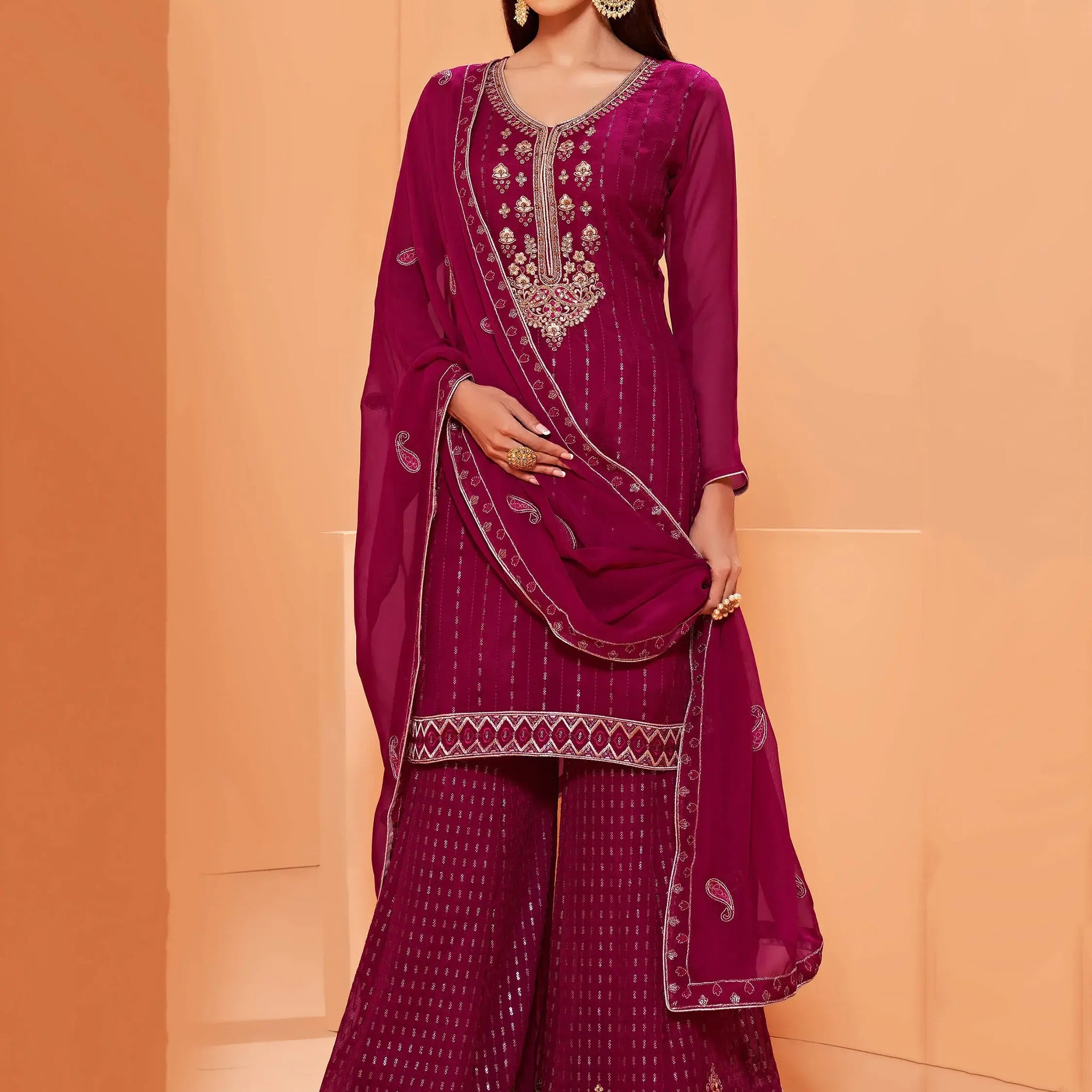Alluring Magenta Sequins Work Georgette Festival Wear Sharara Suit - Zeel Clothing