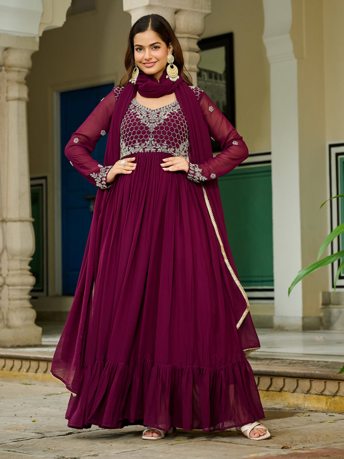Alluring Maroon Bead Embroidery Georgette Wedding Wear Gown With Dupatta
