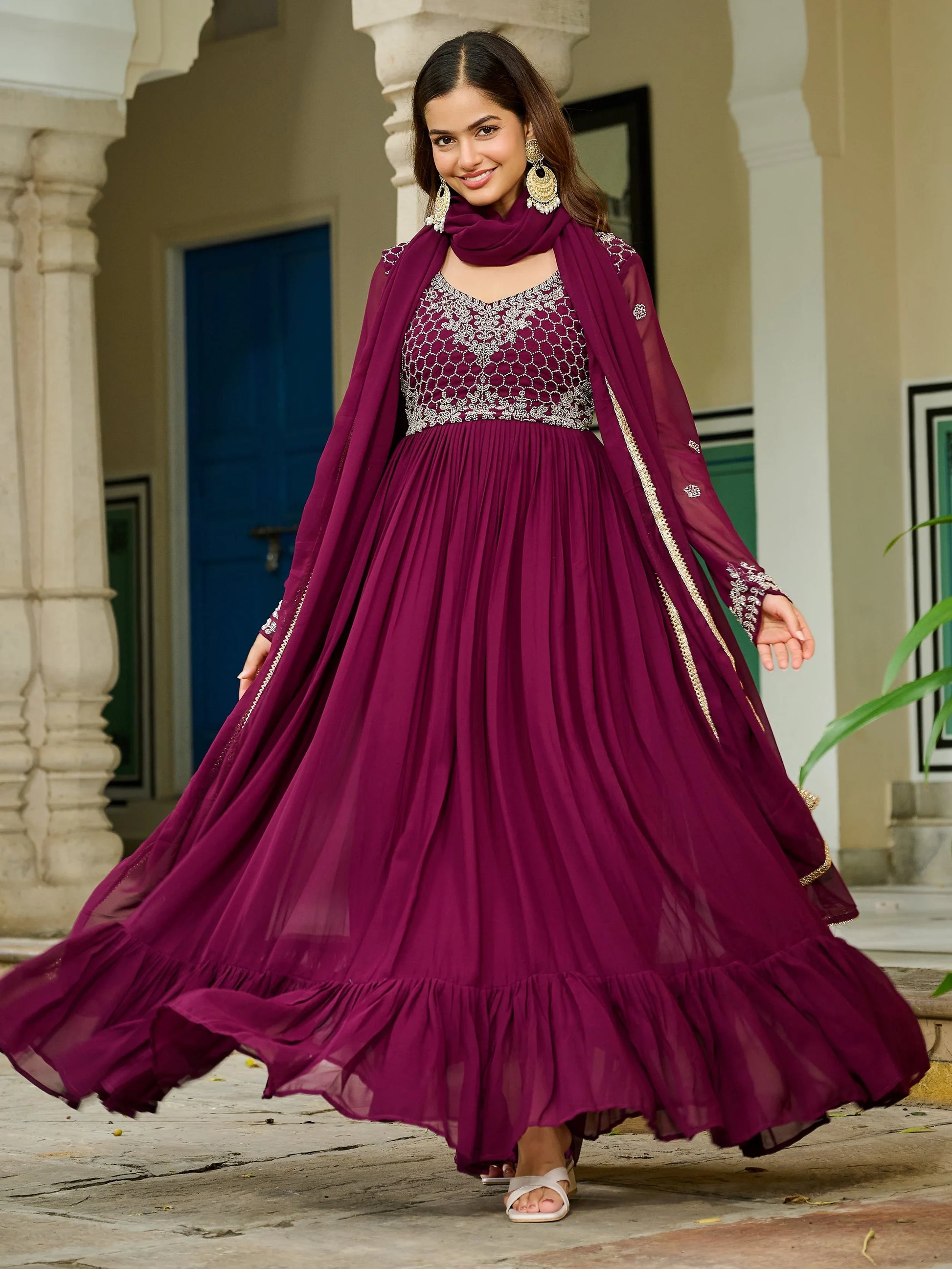 Alluring Maroon Bead Embroidery Georgette Wedding Wear Gown With Dupatta