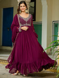 Alluring Maroon Bead Embroidery Georgette Wedding Wear Gown With Dupatta