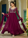 Alluring Maroon Bead Embroidery Georgette Wedding Wear Gown With Dupatta