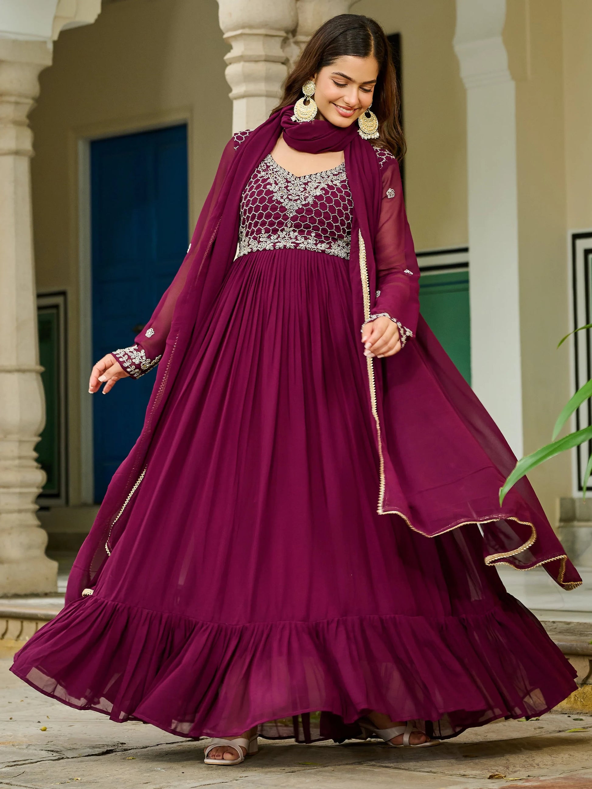Alluring Maroon Bead Embroidery Georgette Wedding Wear Gown With Dupatta