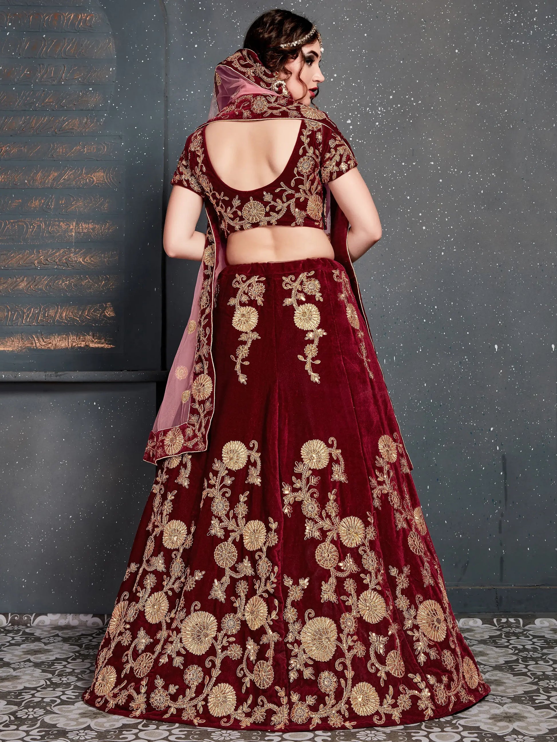 Alluring Maroon Dori Work Velvet Bridal Lehenga Choli With Dupatta - Zeel Clothing