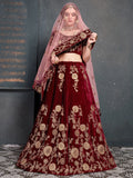 Alluring Maroon Dori Work Velvet Bridal Lehenga Choli With Dupatta - Zeel Clothing