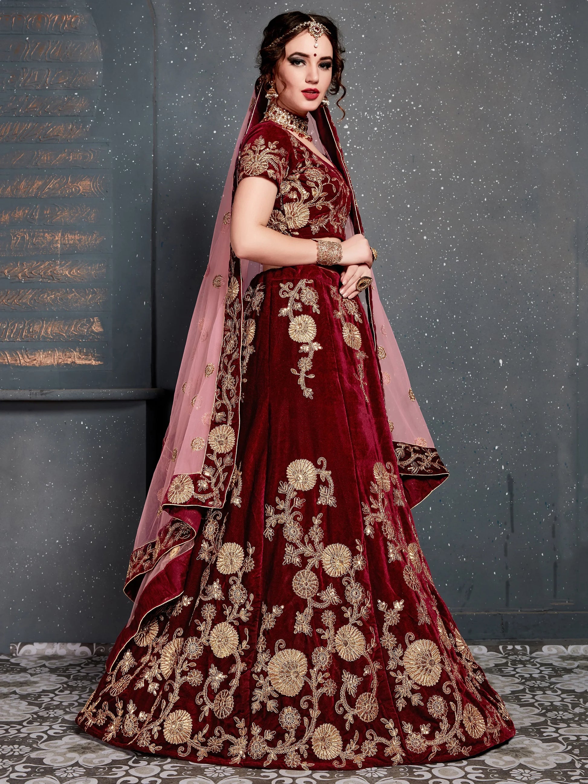 Alluring Maroon Dori Work Velvet Bridal Lehenga Choli With Dupatta - Zeel Clothing