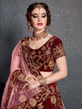 Alluring Maroon Dori Work Velvet Bridal Lehenga Choli With Dupatta - Zeel Clothing