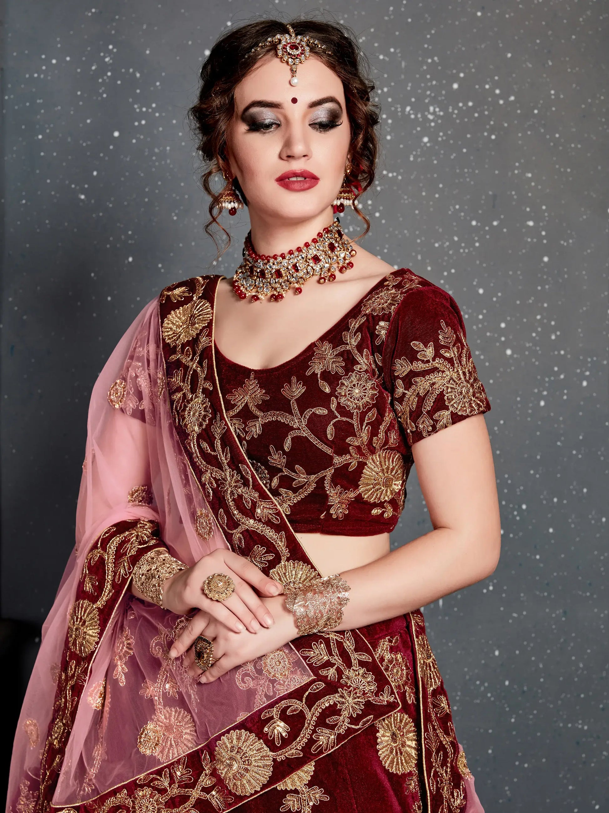 Alluring Maroon Dori Work Velvet Bridal Lehenga Choli With Dupatta - Zeel Clothing