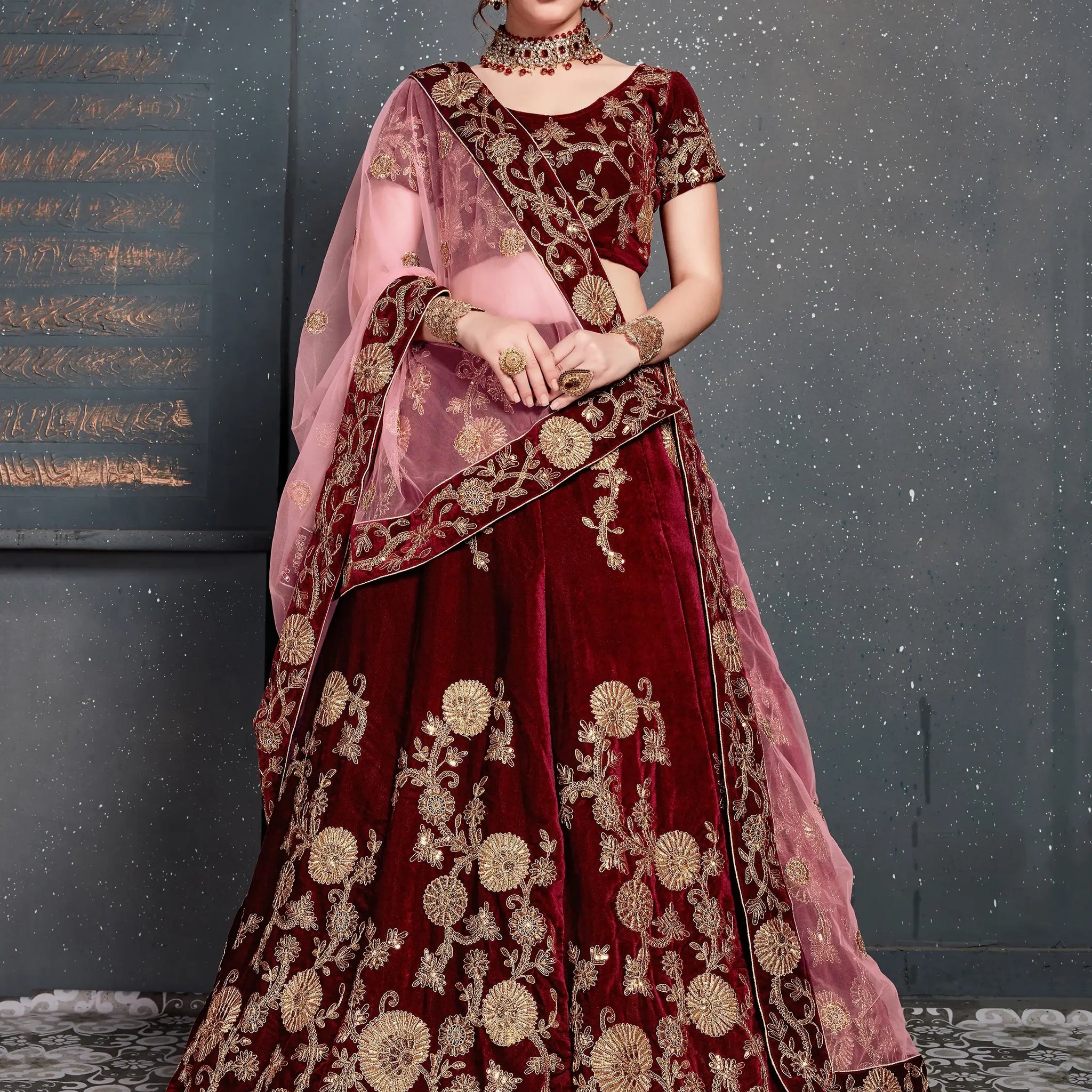 Alluring Maroon Dori Work Velvet Bridal Lehenga Choli With Dupatta - Zeel Clothing