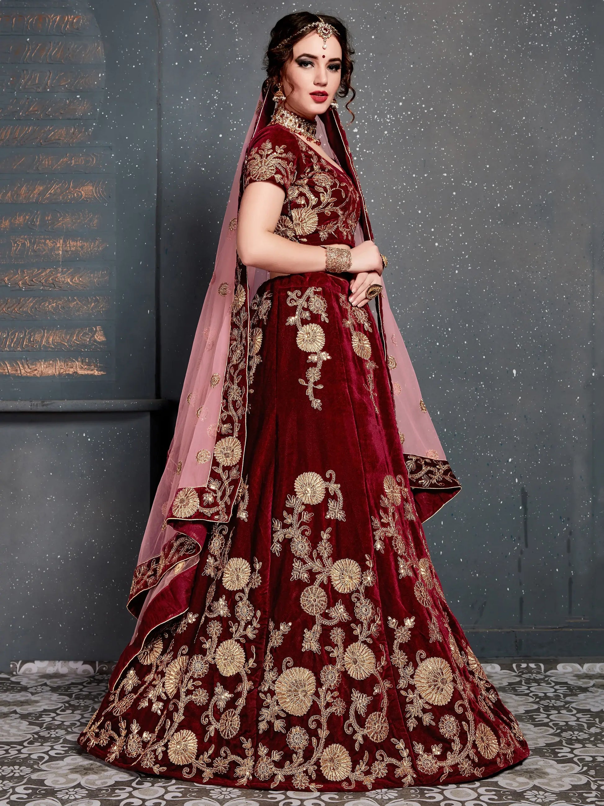 Alluring Maroon Dori Work Velvet Bridal Lehenga Choli With Dupatta - Zeel Clothing