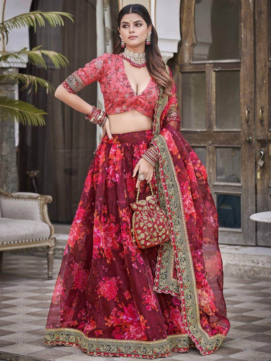 Alluring Maroon Floral Printed Organza Wedding Wear Lehenga Choli - Zeel Clothing