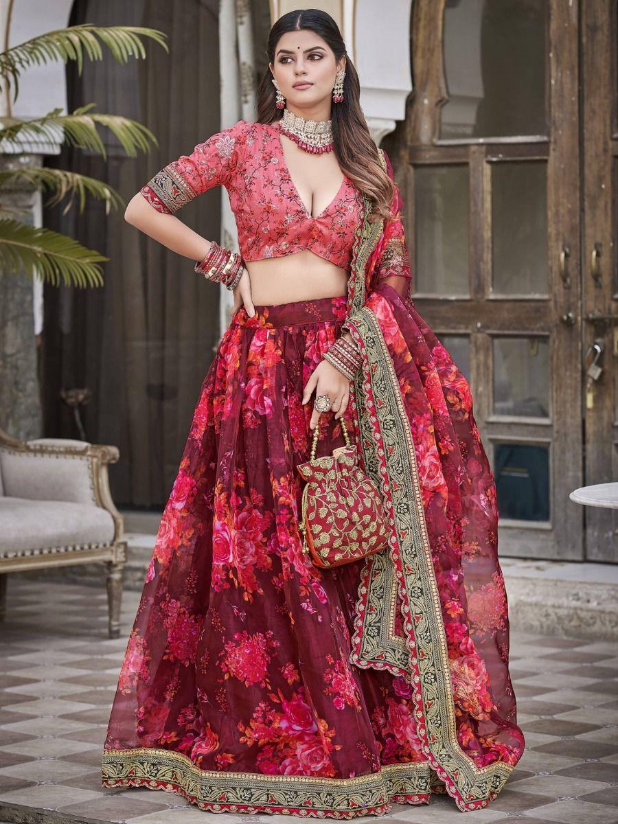 Alluring Maroon Floral Printed Organza Wedding Wear Lehenga Choli