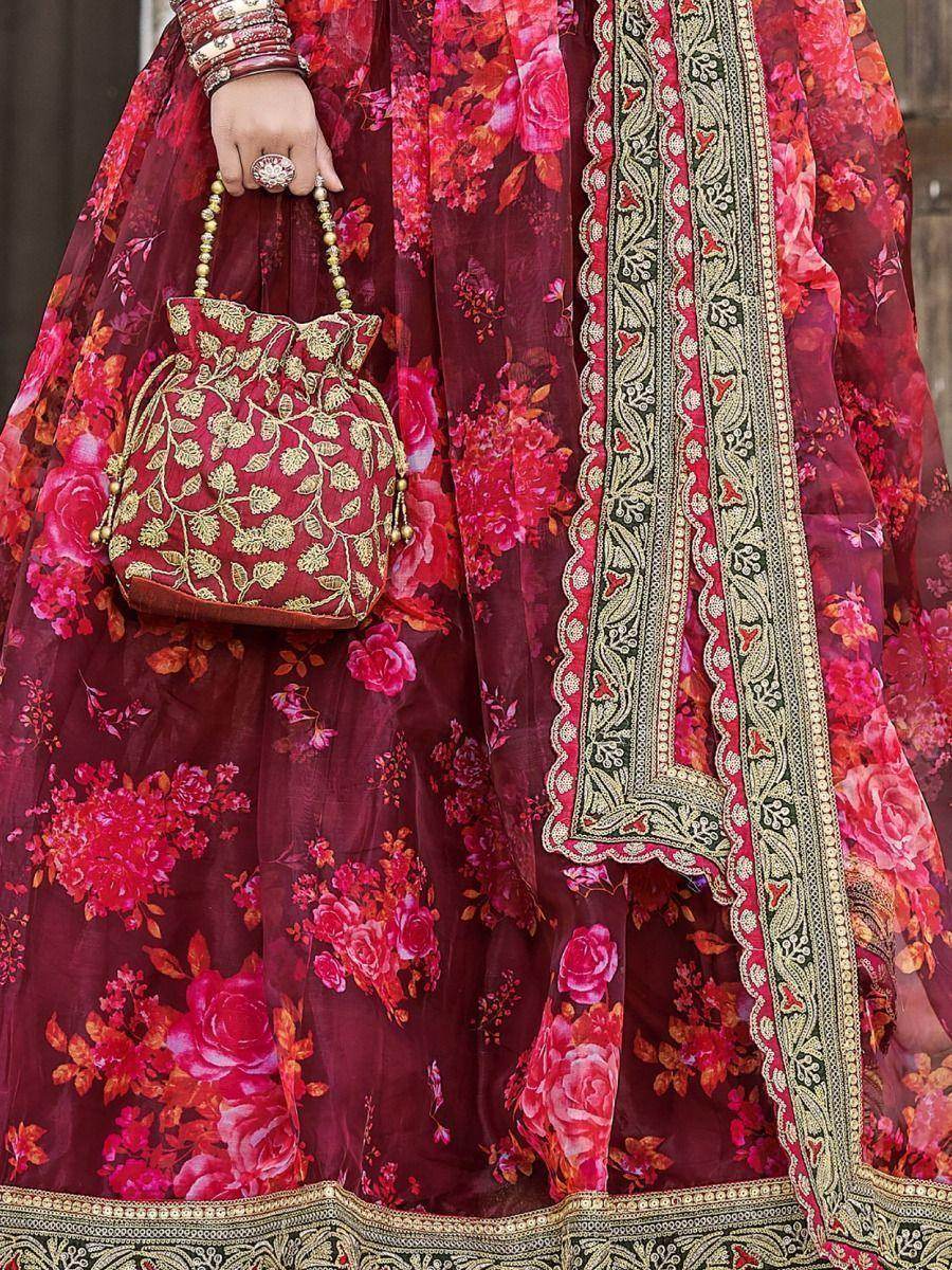Alluring Maroon Floral Printed Organza Wedding Wear Lehenga Choli - Zeel Clothing