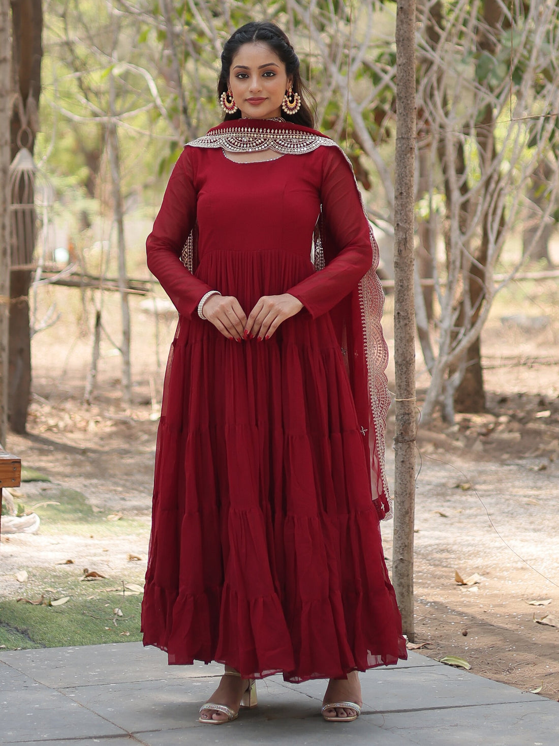 Alluring Maroon Georgette Wedding Wear Gown With Dupatta - Zeel Clothing