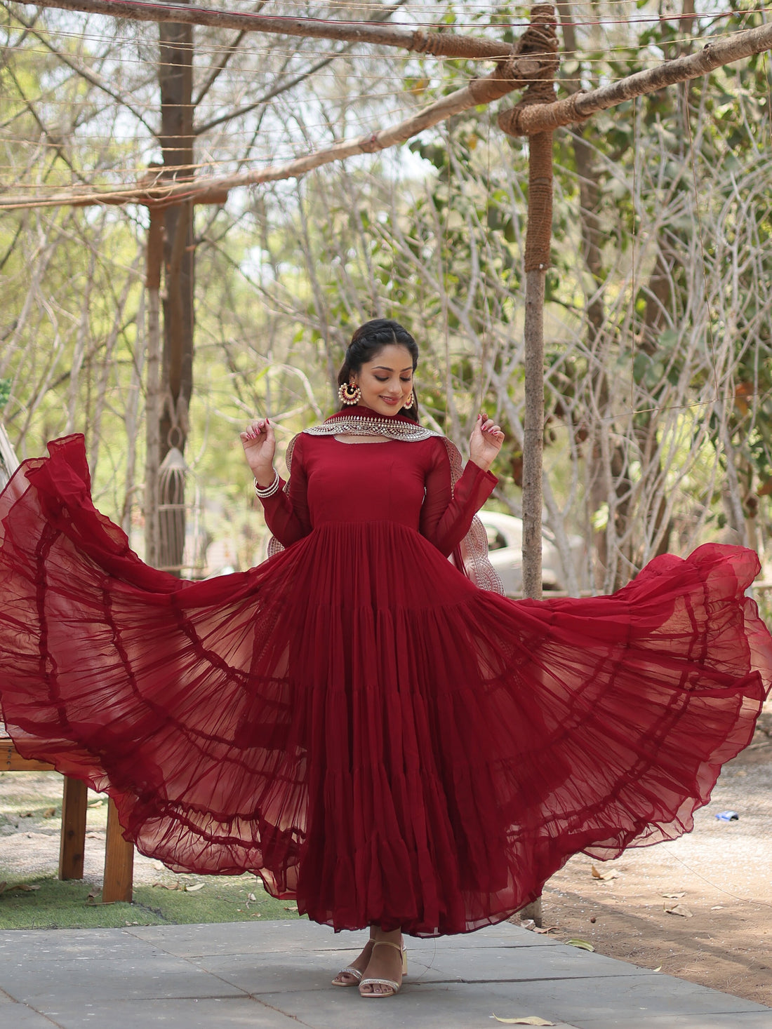 Alluring Maroon Georgette Wedding Wear Gown With Dupatta - Zeel Clothing