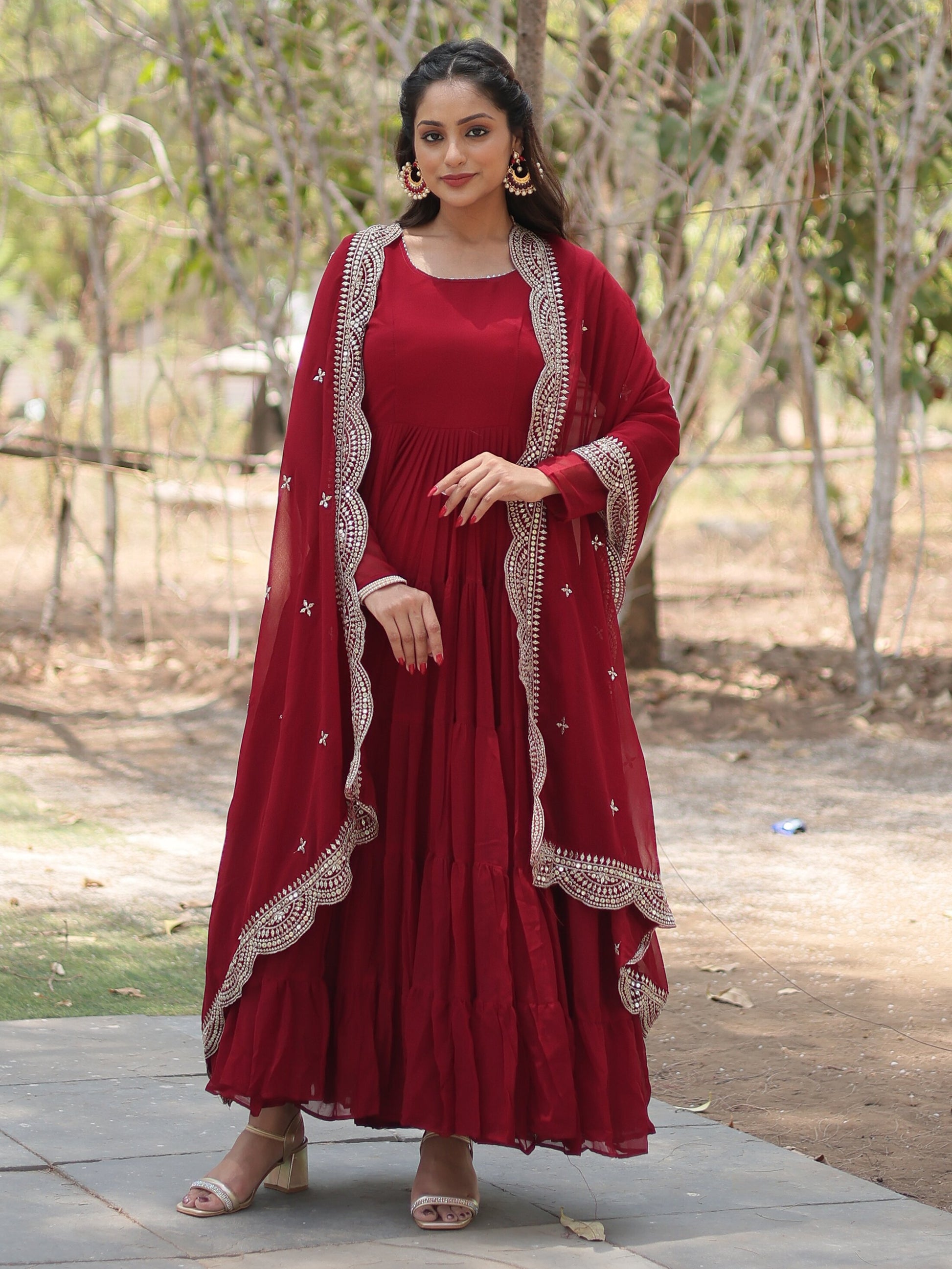 Alluring Maroon Georgette Wedding Wear Gown With Dupatta - Zeel Clothing