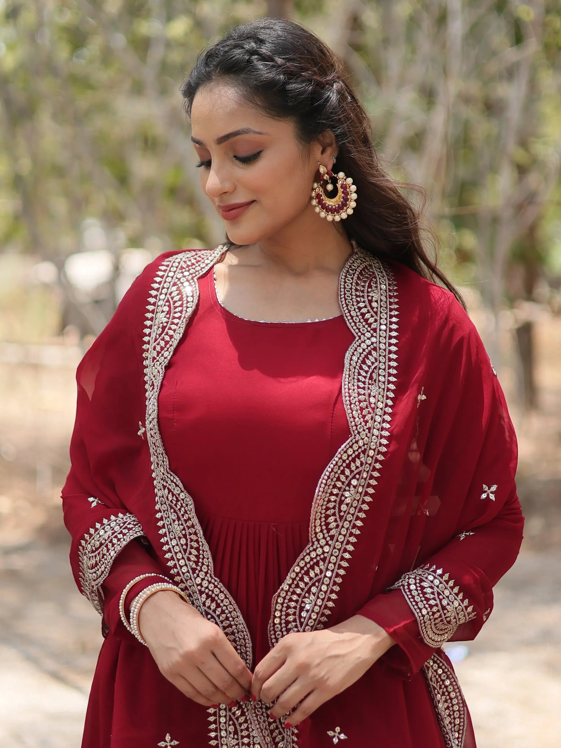 Alluring Maroon Georgette Wedding Wear Gown With Dupatta - Zeel Clothing