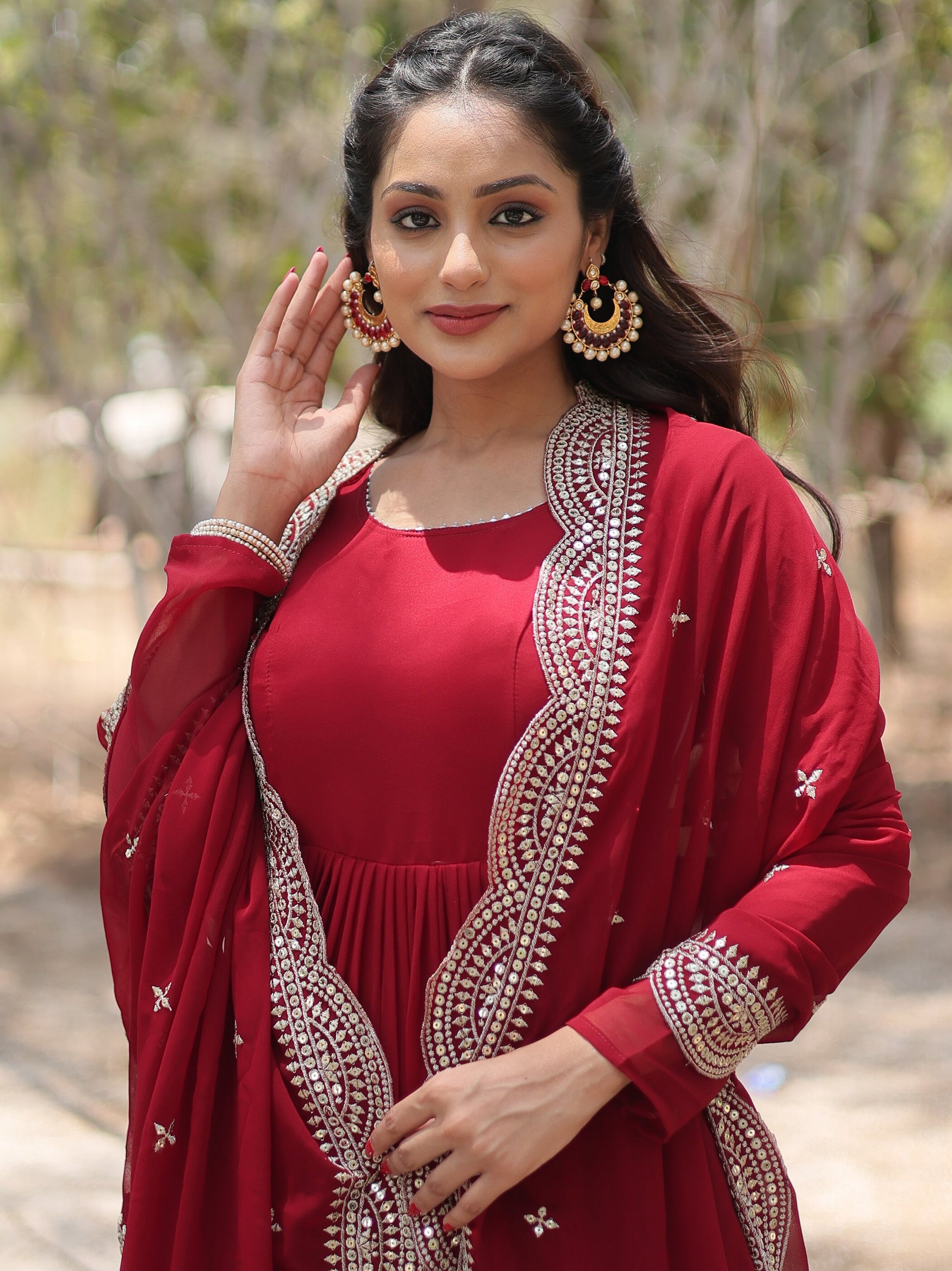 Alluring Maroon Georgette Wedding Wear Gown With Dupatta - Zeel Clothing