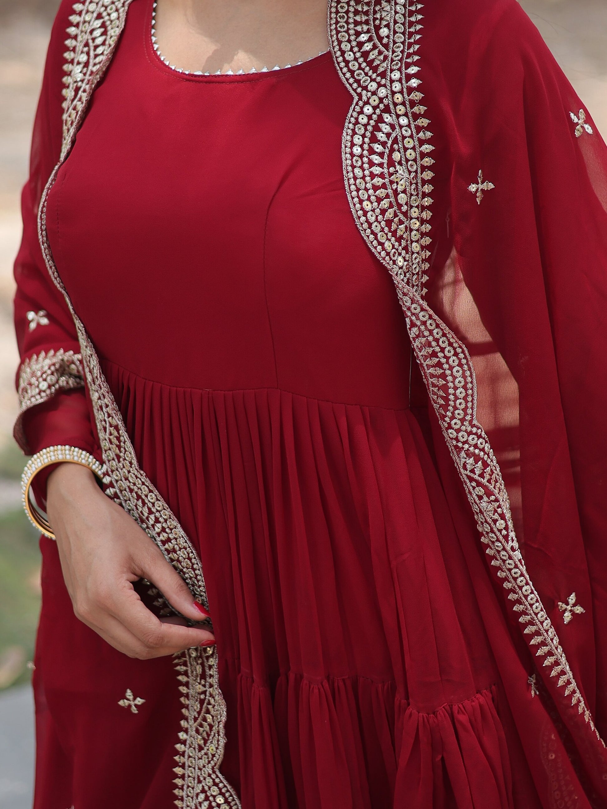 Alluring Maroon Georgette Wedding Wear Gown With Dupatta - Zeel Clothing