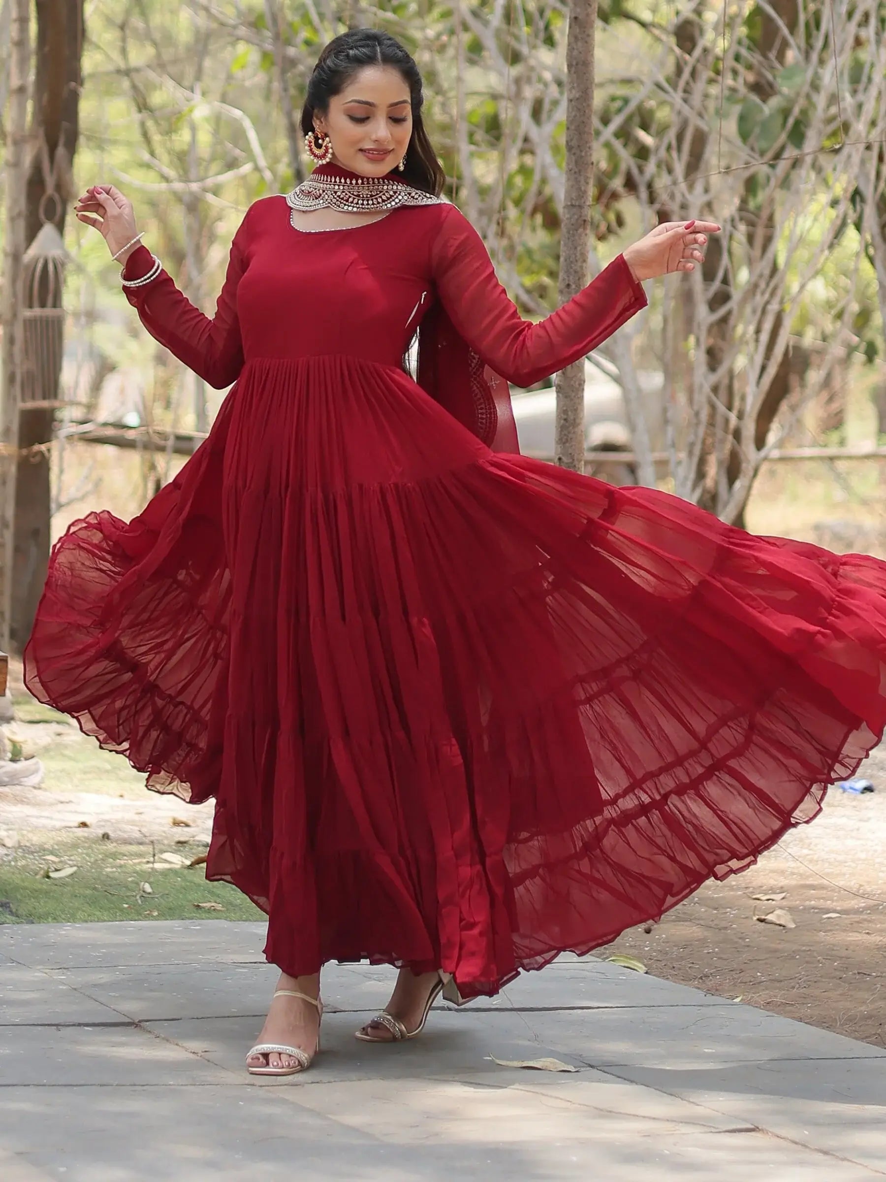 Alluring Maroon Georgette Wedding Wear Gown With Dupatta - Zeel Clothing