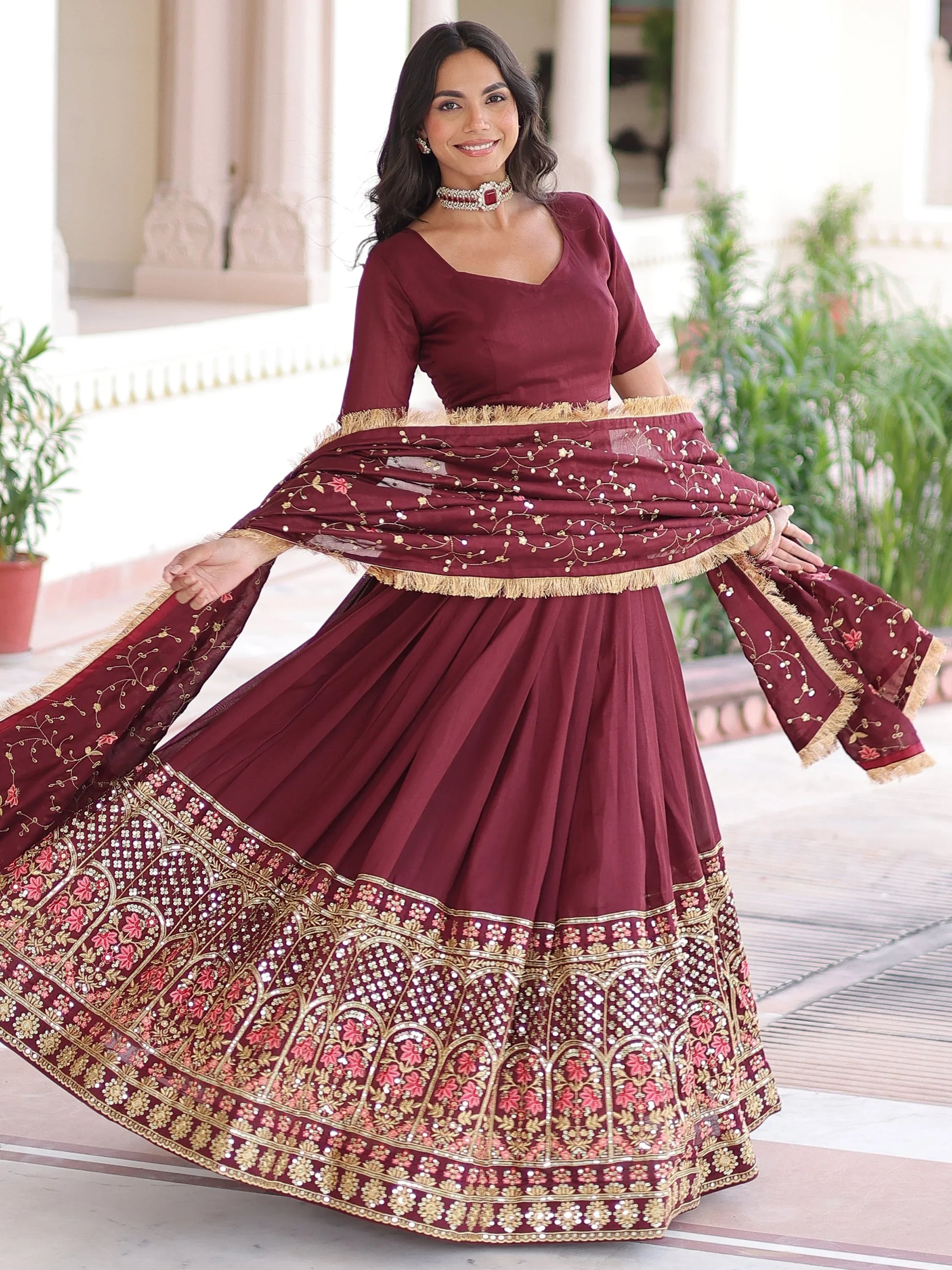 Alluring Maroon Heavy Sequins Silk Function Wear Lehenga Choli With Dupatta