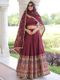 Alluring Maroon Heavy Sequins Silk Function Wear Lehenga Choli With Dupatta