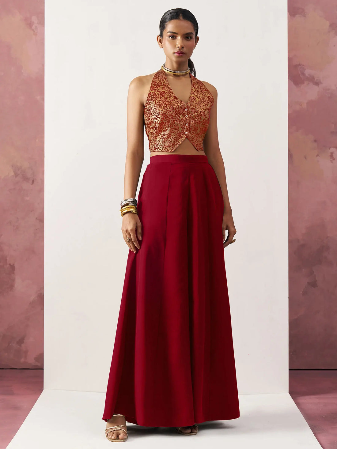 Alluring Maroon Jacquard Party Wear Waistcoat Indo-Western Co-Ord Set - Zeel Clothing