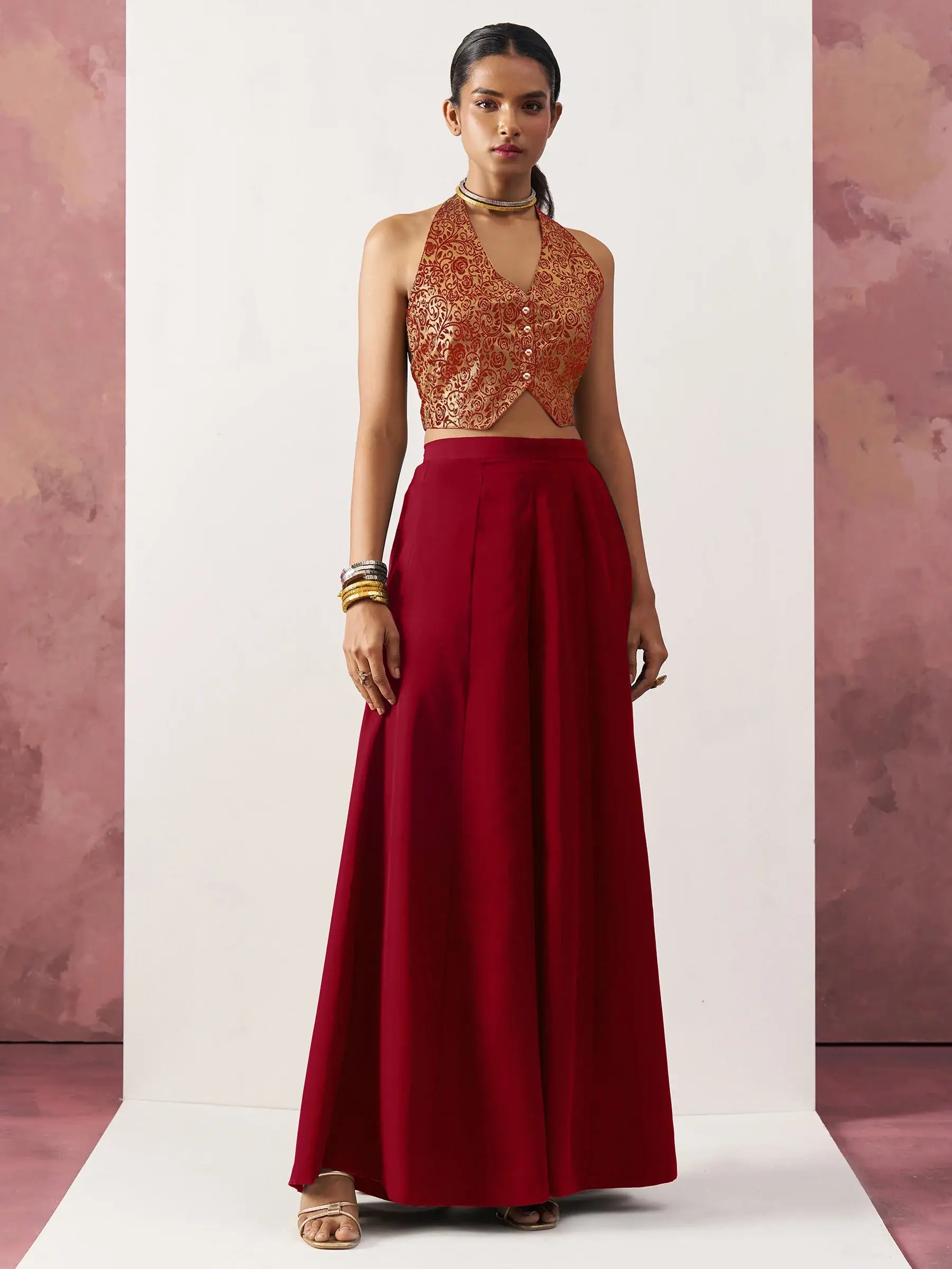 Alluring Maroon Jacquard Party Wear Waistcoat Indo-Western Co-Ord Set - Zeel Clothing