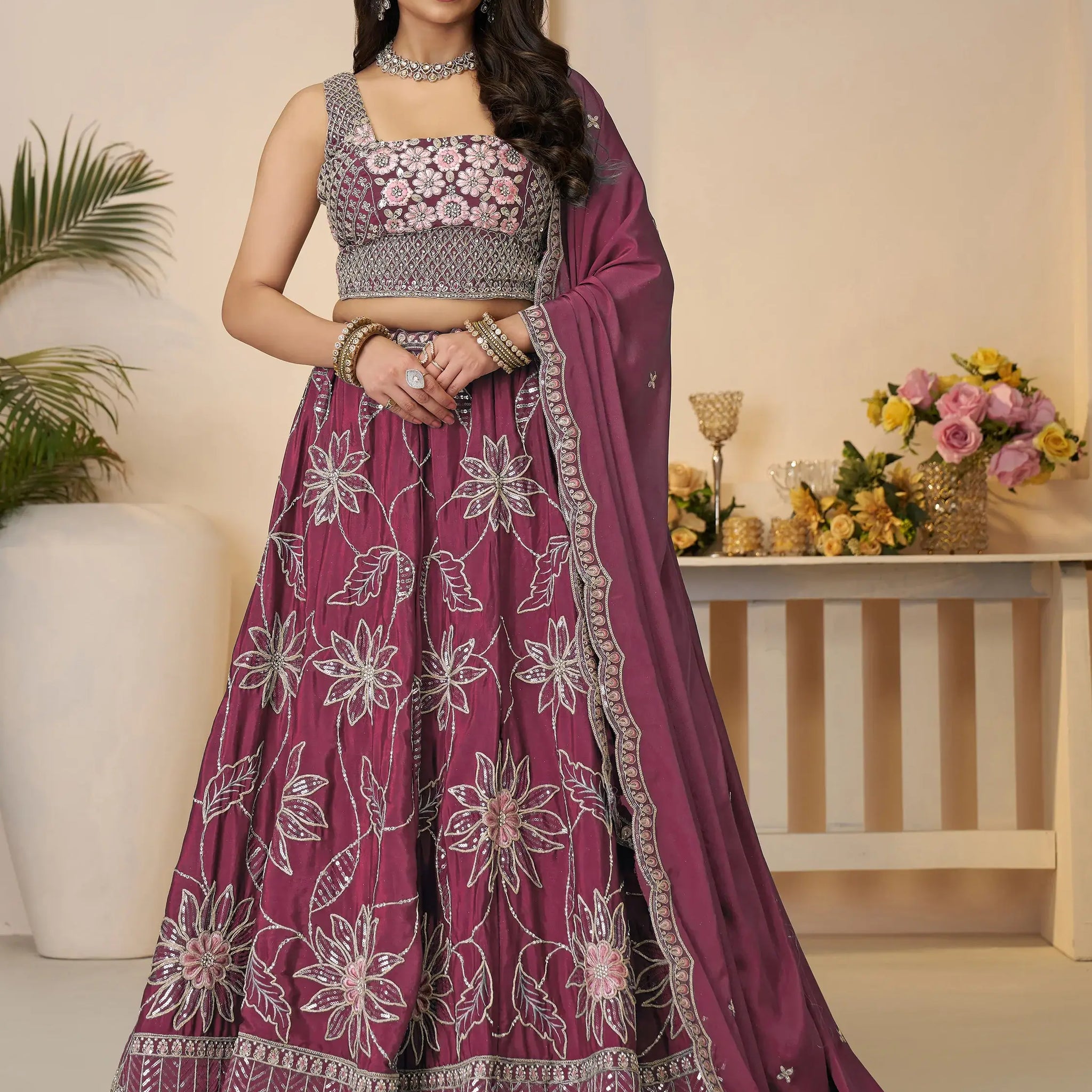Alluring Maroon Thread Work Satin Bridesmaid Lehenga Choli - Zeel Clothing