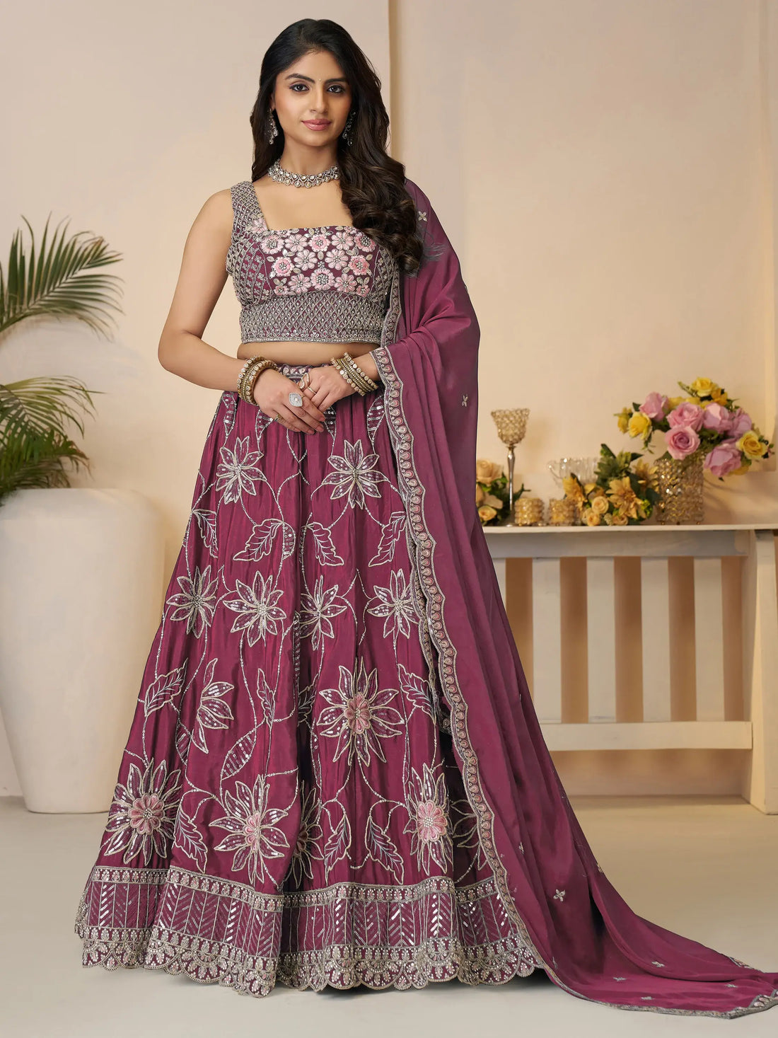 Alluring Maroon Thread Work Satin Bridesmaid Lehenga Choli - Zeel Clothing