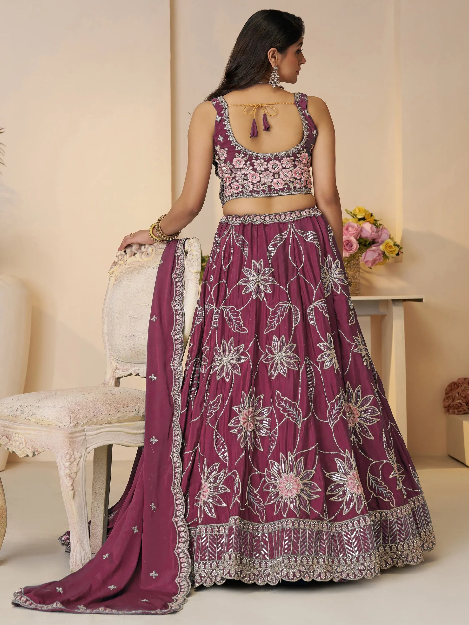 Alluring Maroon Thread Work Satin Bridesmaid Lehenga Choli - Zeel Clothing