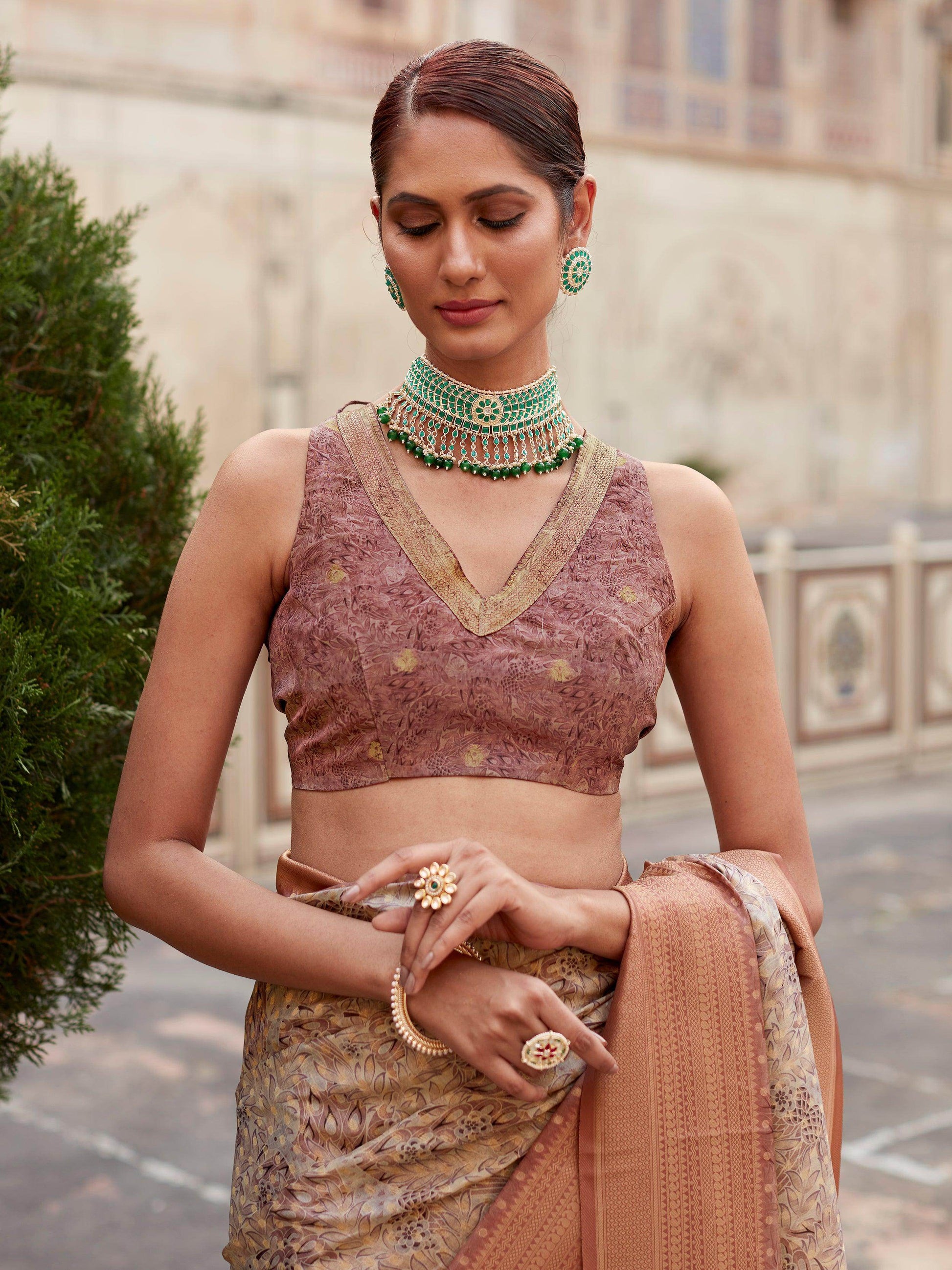 Alluring Mauve Digital Printed Tissue Silk Event Wear Saree With Blouse - Zeel Clothing