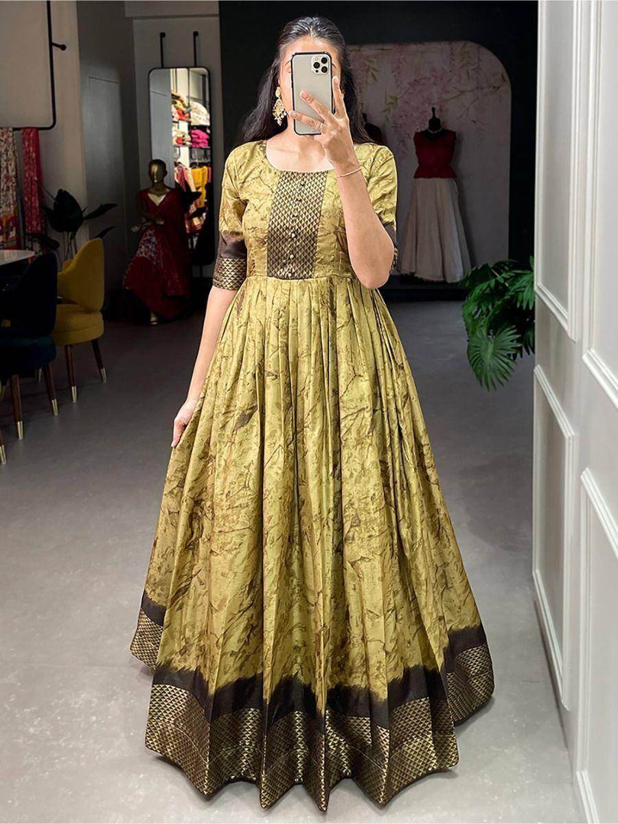 Alluring Mehendi Green Shibori Print Silk Readymade Classic Gown - Zeel Clothing
