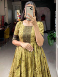 Alluring Mehendi Green Shibori Print Silk Readymade Classic Gown - Zeel Clothing