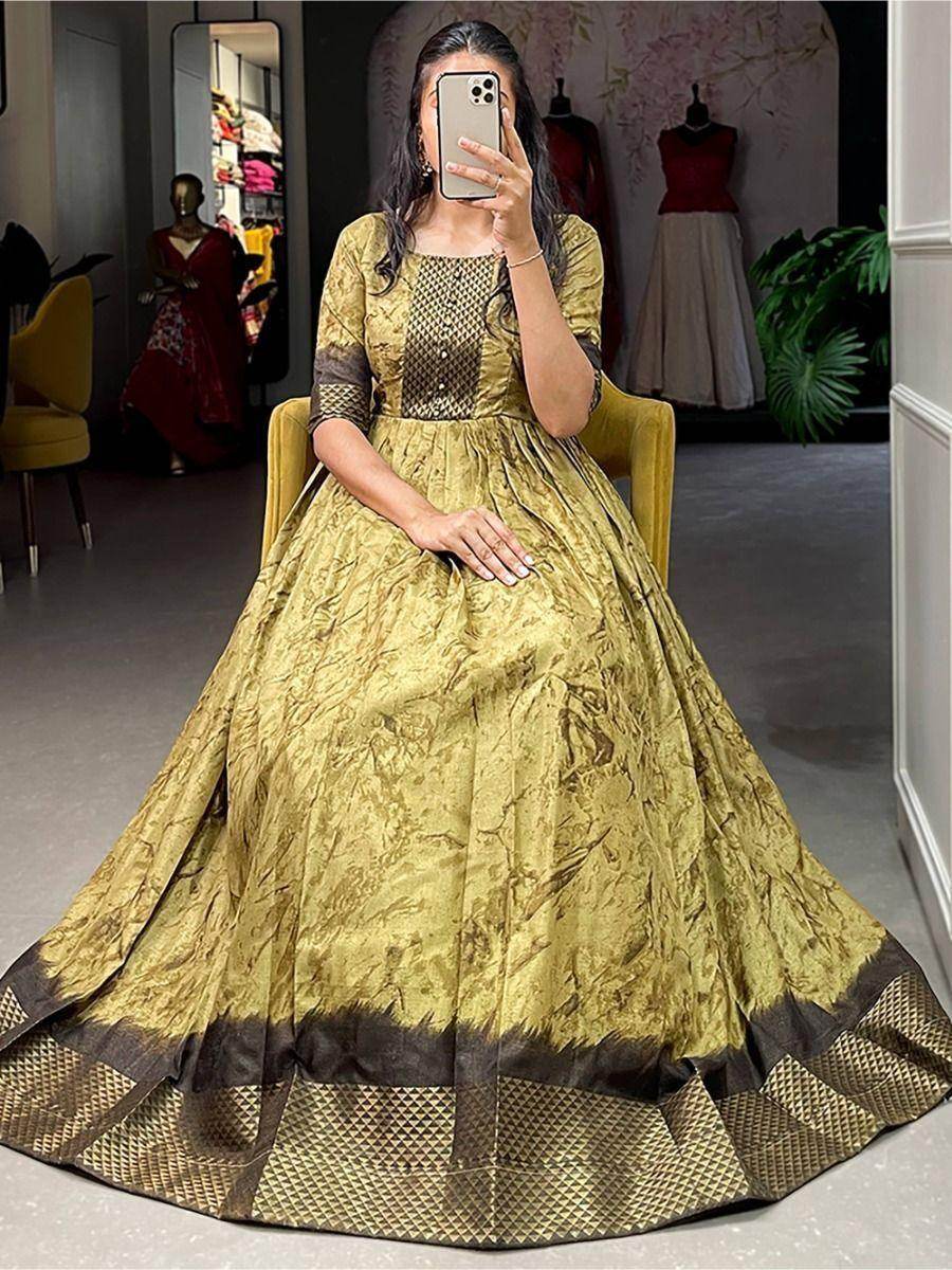 Alluring Mehendi Green Shibori Print Silk Readymade Classic Gown - Zeel Clothing